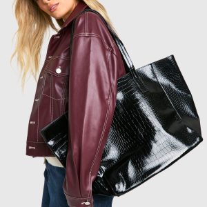 Oversized Faux Leather Croc Tote Day Bag