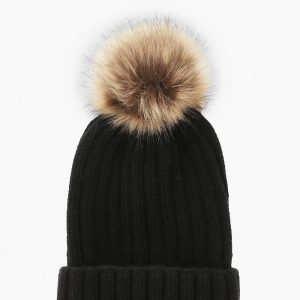 Ribbed Knit Beanie With Large Faux Fur Pom