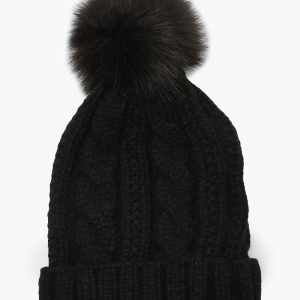 Cable Knit Faux Pom Beanie