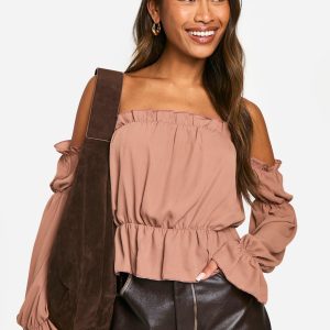 Woven Volume Sleeve Ruched Bardot Top