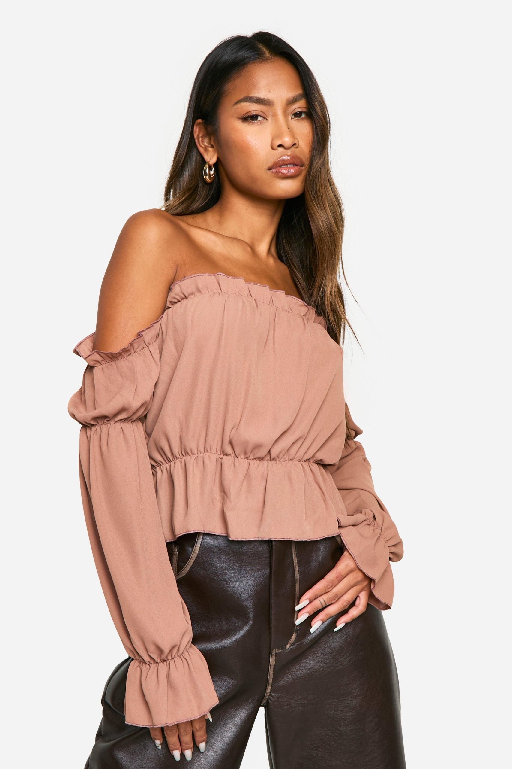 Woven Volume Sleeve Ruched Bardot Top - Image 3