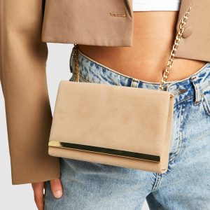 Structured Suedette Clutch Bag and Chain