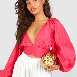 Linen Look Balloon Sleeve Tie Back Crop Top