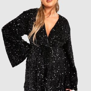 Plus Sequin Velvet Twist Front Dress