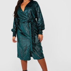 Plus Matte Sequin Wrap Midi Dress