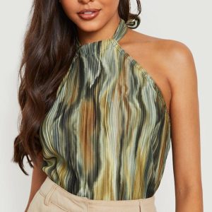 Marble Printed Plisse Halterneck Bodysuit