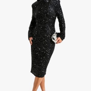 Petite Sequin Shoulder Pad Backless Midi Dress