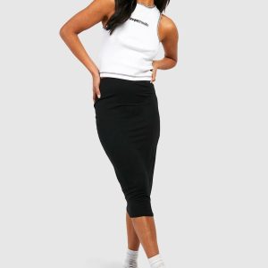 Basic Solid Black High Waisted Midi Skirt