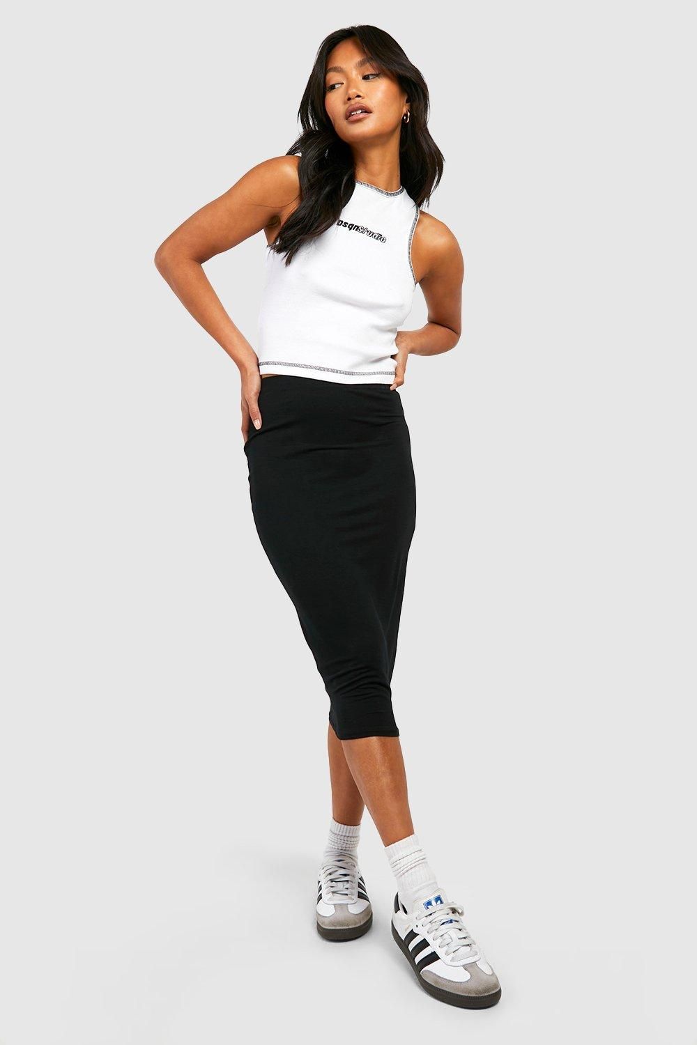 Basic Solid Black High Waisted Midi Skirt