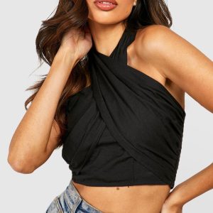 Halter Cross Tie Back Linen Look Crop