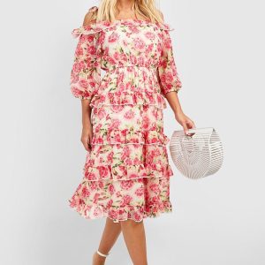 Chiffon Ruffle Floral Midi Dress