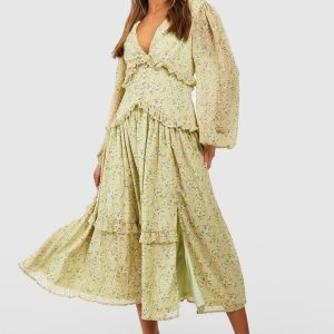 Ditsy Floral Waist Detail Midi Dress