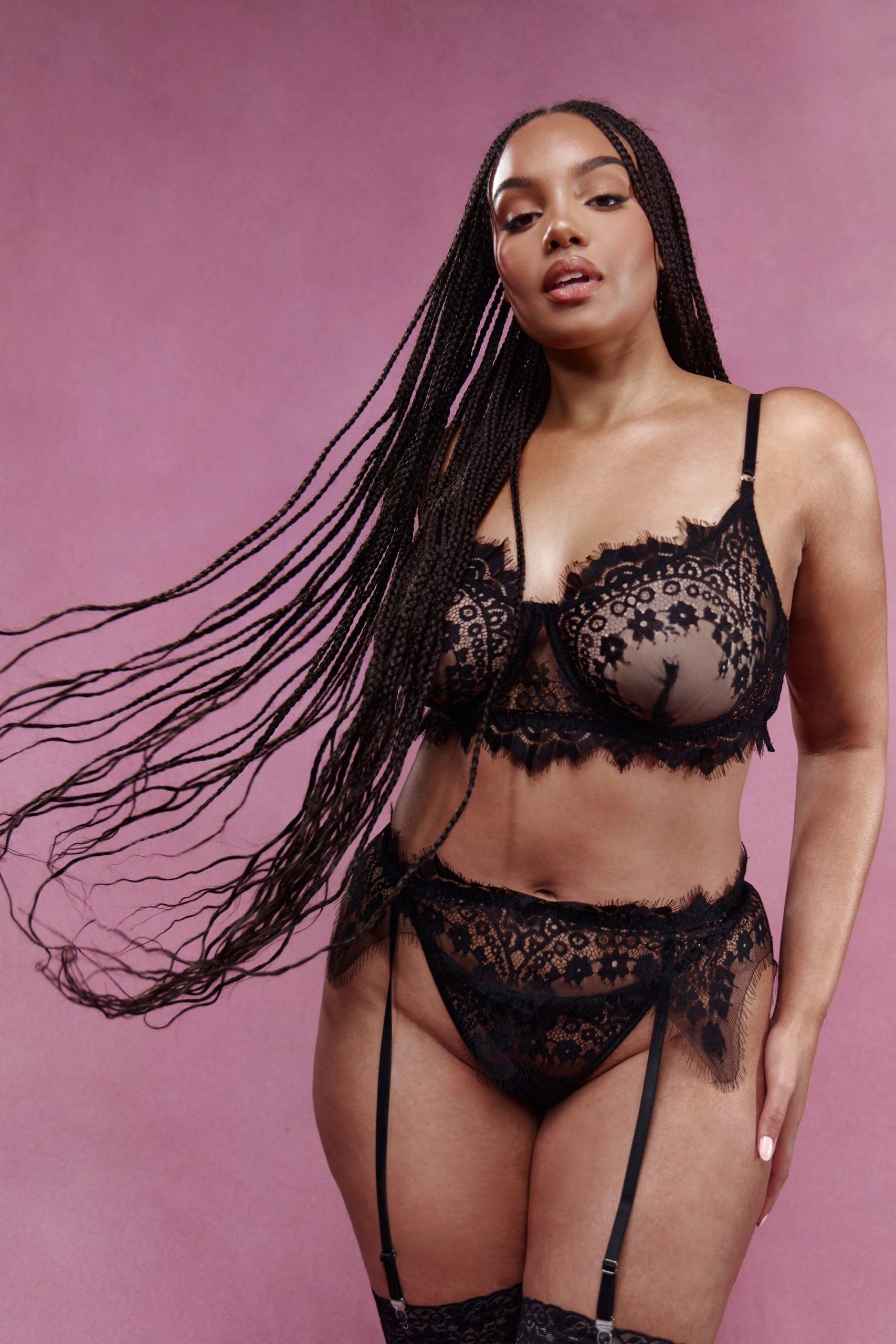 Crotchless Eyelash Lace Bralette Suspender And Thong Set
