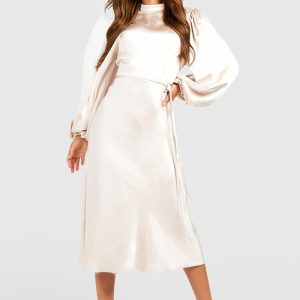 Satin High Neck Balloon Sleeve Midi Dress