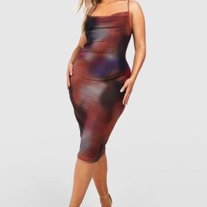 Plus Cowl Neck Abstract Mesh Midi Dress