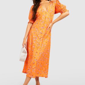 Floral Button Detail Midi Dress