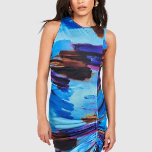 petite Ruched Hem Abstract Bodycon Dress