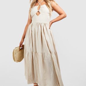 Plus Woven Halterneck Stripe Maxi Dress