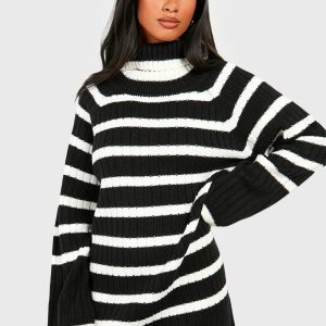 Petite Roll Neck Wide Sleeve Stripe Jumper Dress