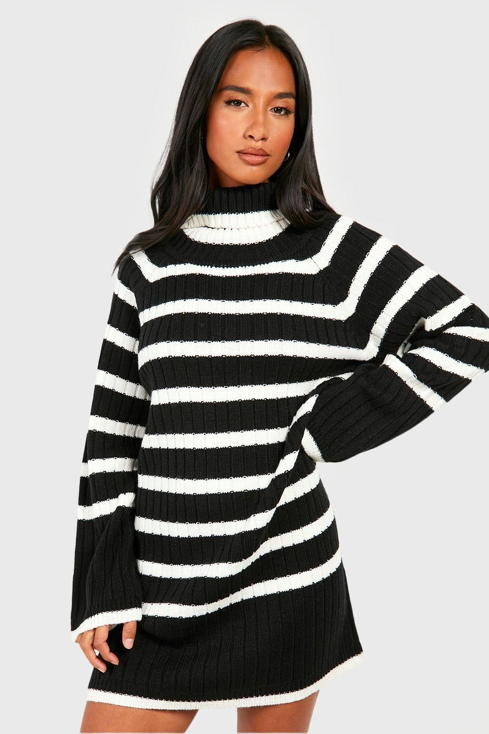 Petite Roll Neck Wide Sleeve Stripe Jumper Dress