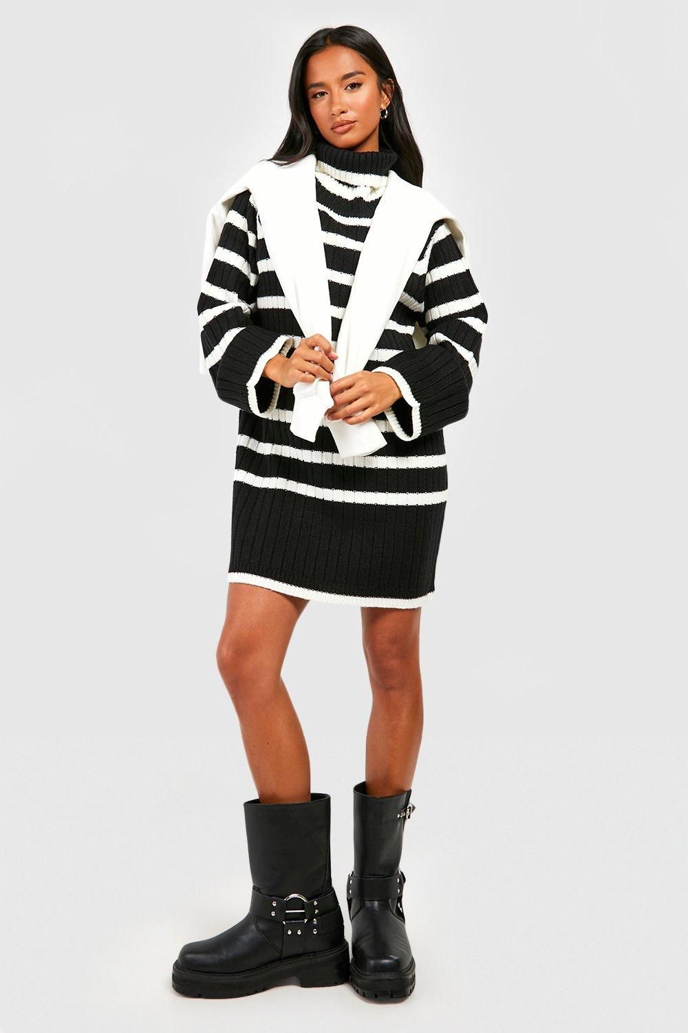 Petite Roll Neck Wide Sleeve Stripe Jumper Dress - Image 3