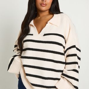 Plus Soft Knot Collar Stripe Jumper