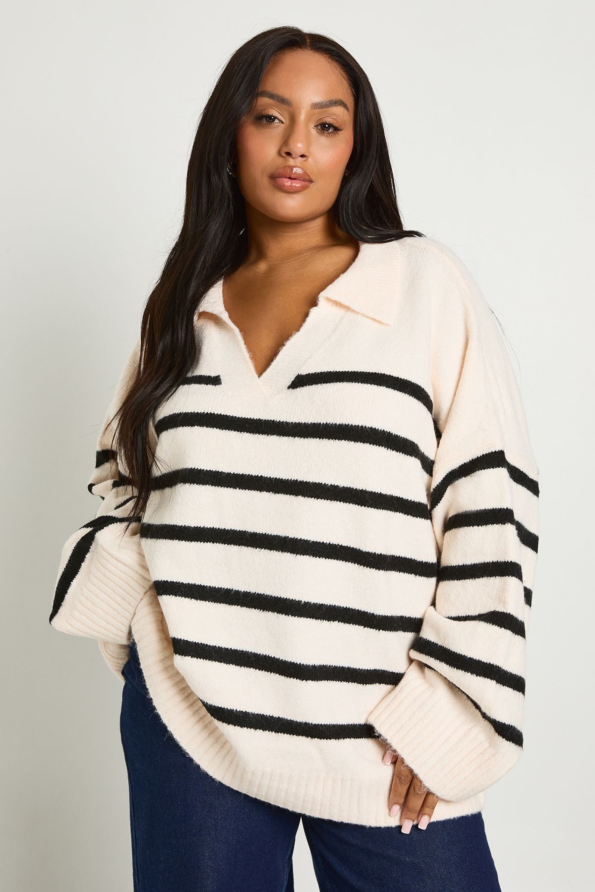 Plus Soft Knot Collar Stripe Jumper