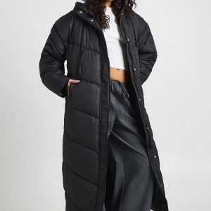 Hooded Quilt Detail Maxi Puffer