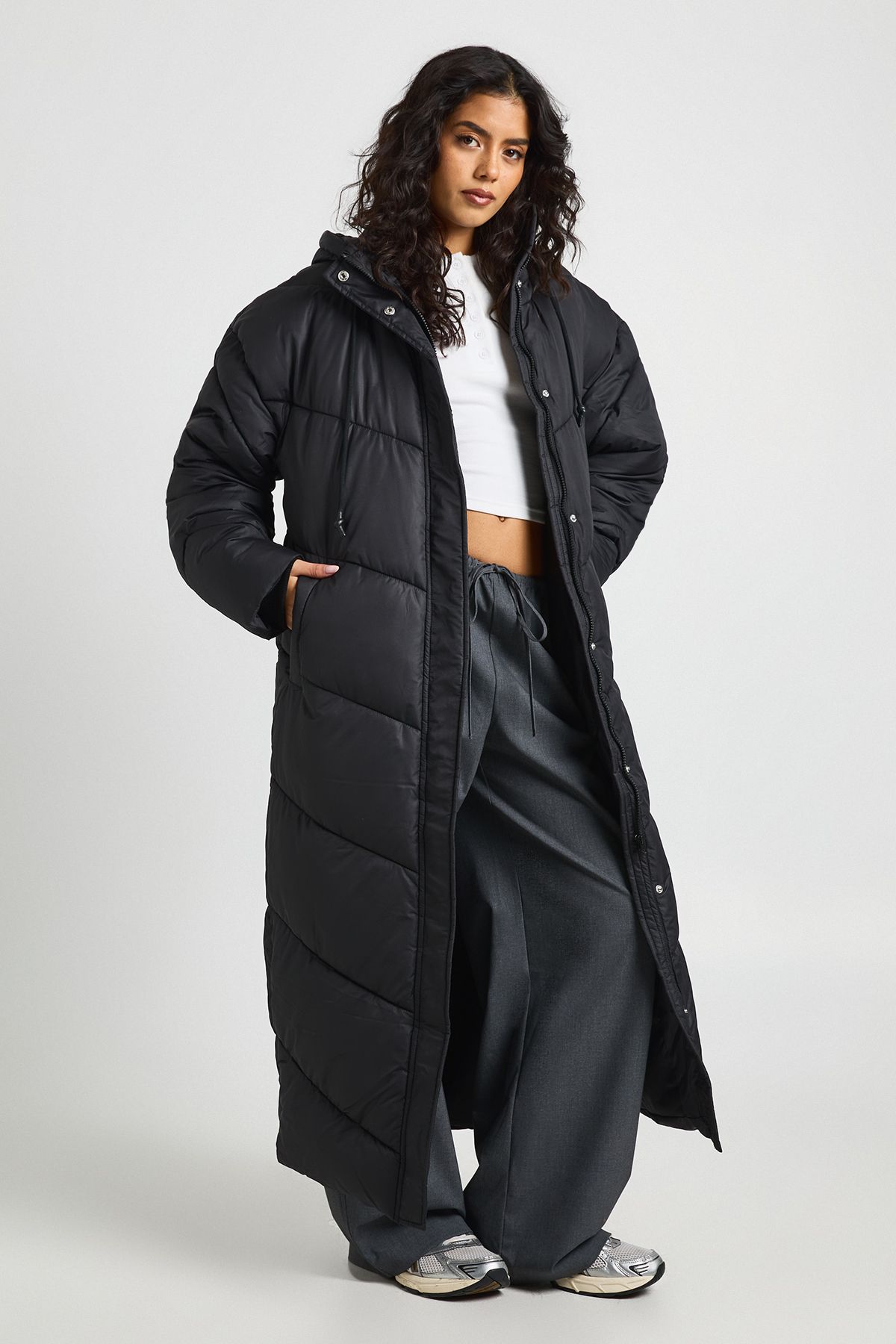 Hooded Quilt Detail Maxi Puffer