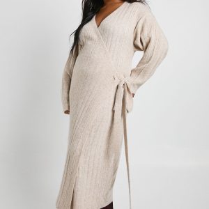 Plus Lightweight Mixed Rib Wrap Jumper Dress