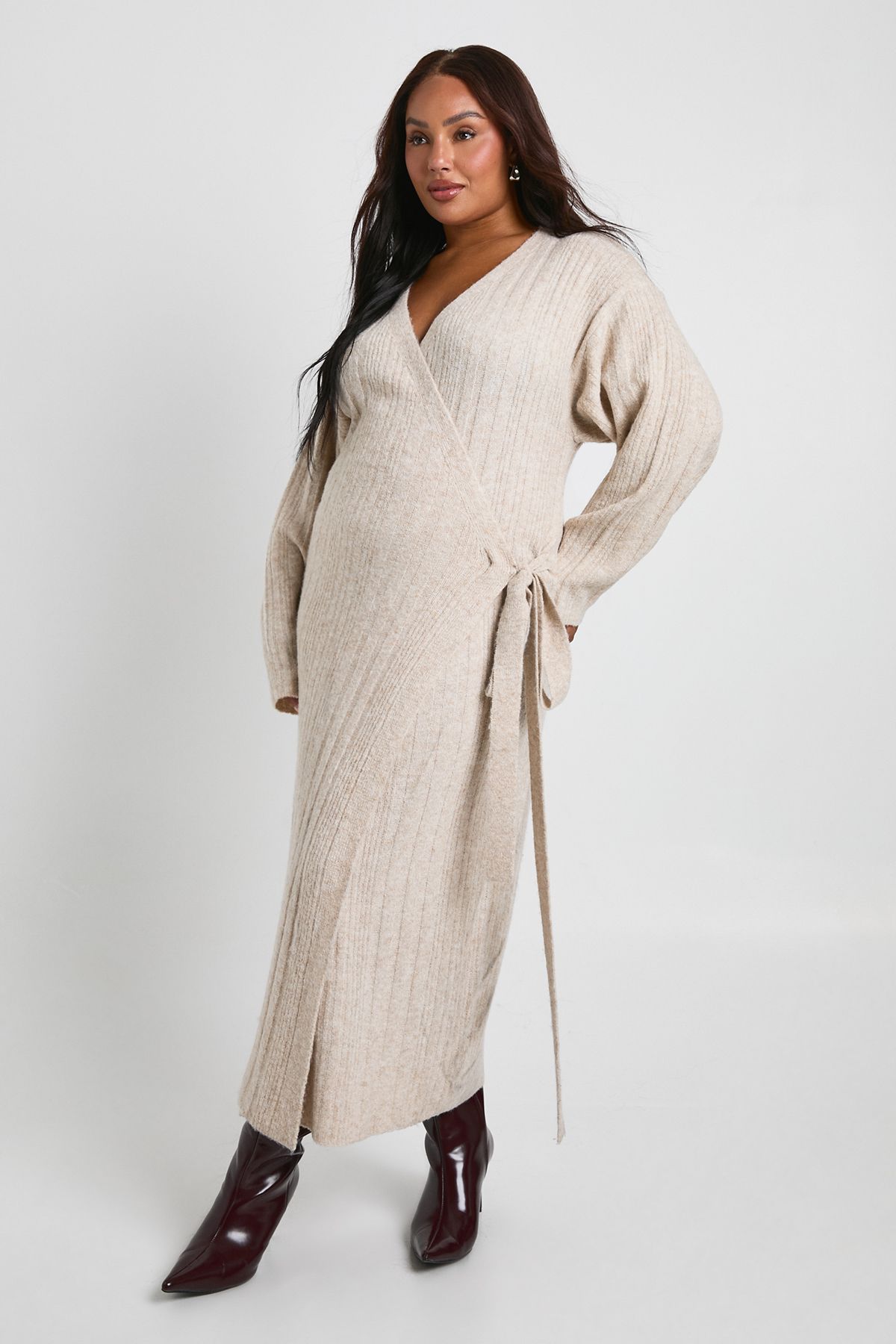 Plus Lightweight Mixed Rib Wrap Jumper Dress