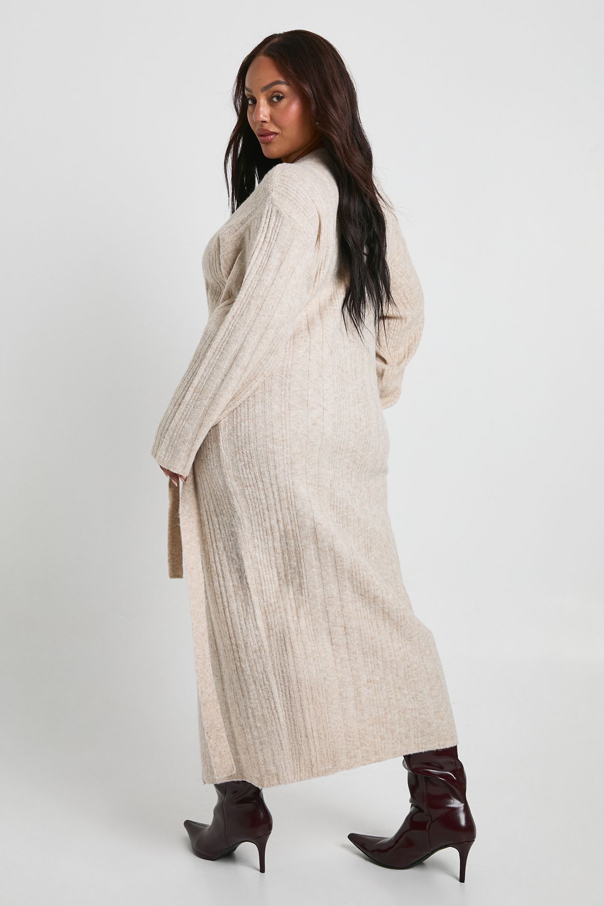 Plus Lightweight Mixed Rib Wrap Jumper Dress - Image 2