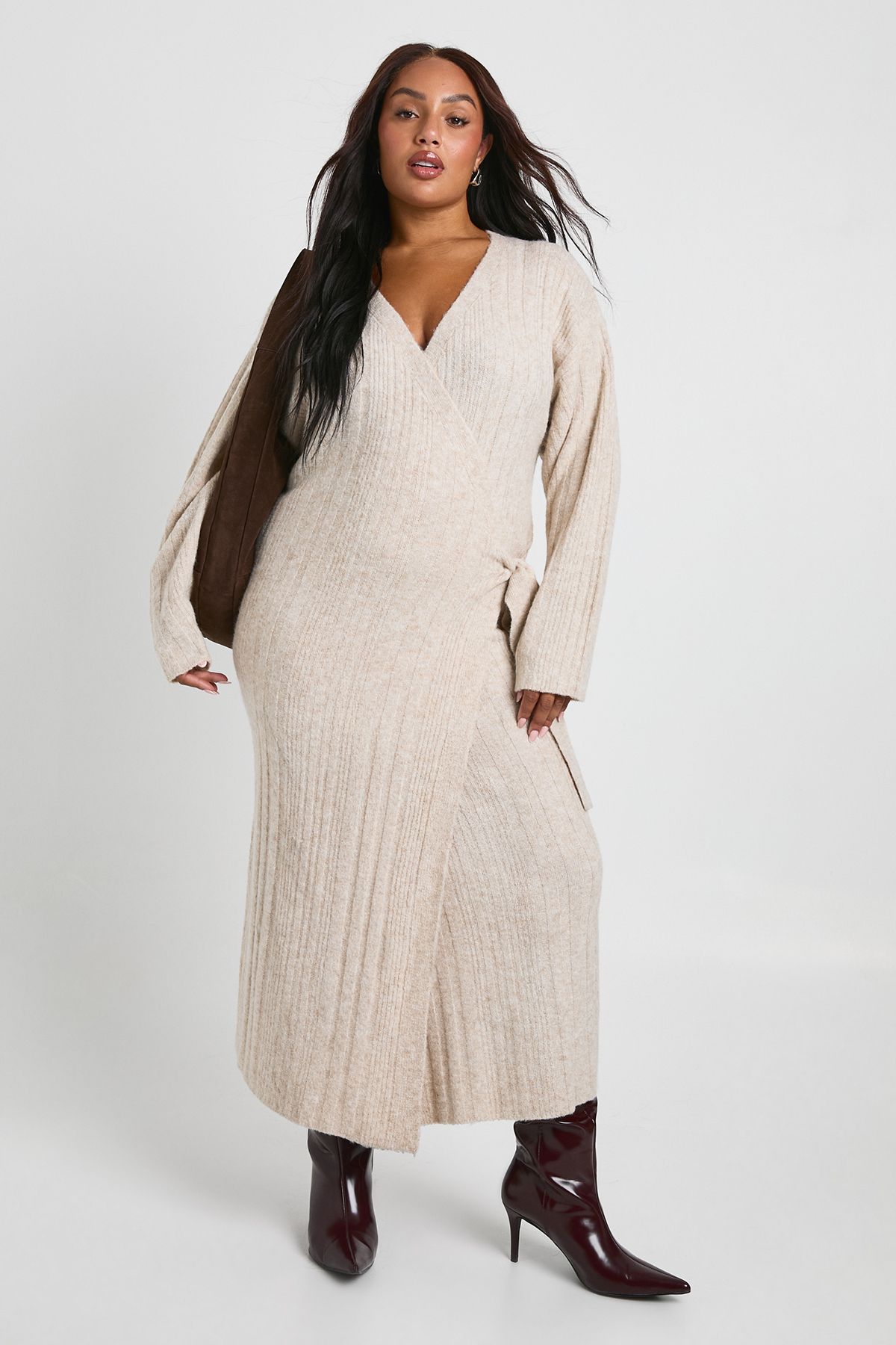 Plus Lightweight Mixed Rib Wrap Jumper Dress - Image 3