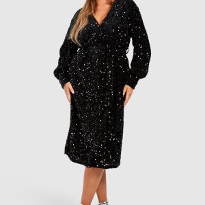 Plus Velvet Sequin Wrap Midi Dress