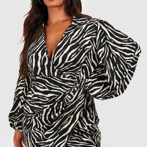 Plus Zebra Print Blouson Sleeve Wrap Dress