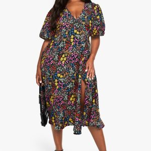 Plus Floral Print Midi Smock Dress