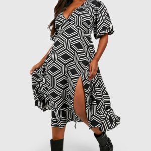 Plus Mono Print Midi Smock Dress