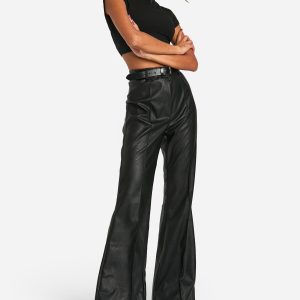 Leather Look High Waisted Seam Front Flared Trousers