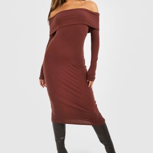 Soft Rib Bardot Long Sleeve Midi Dress