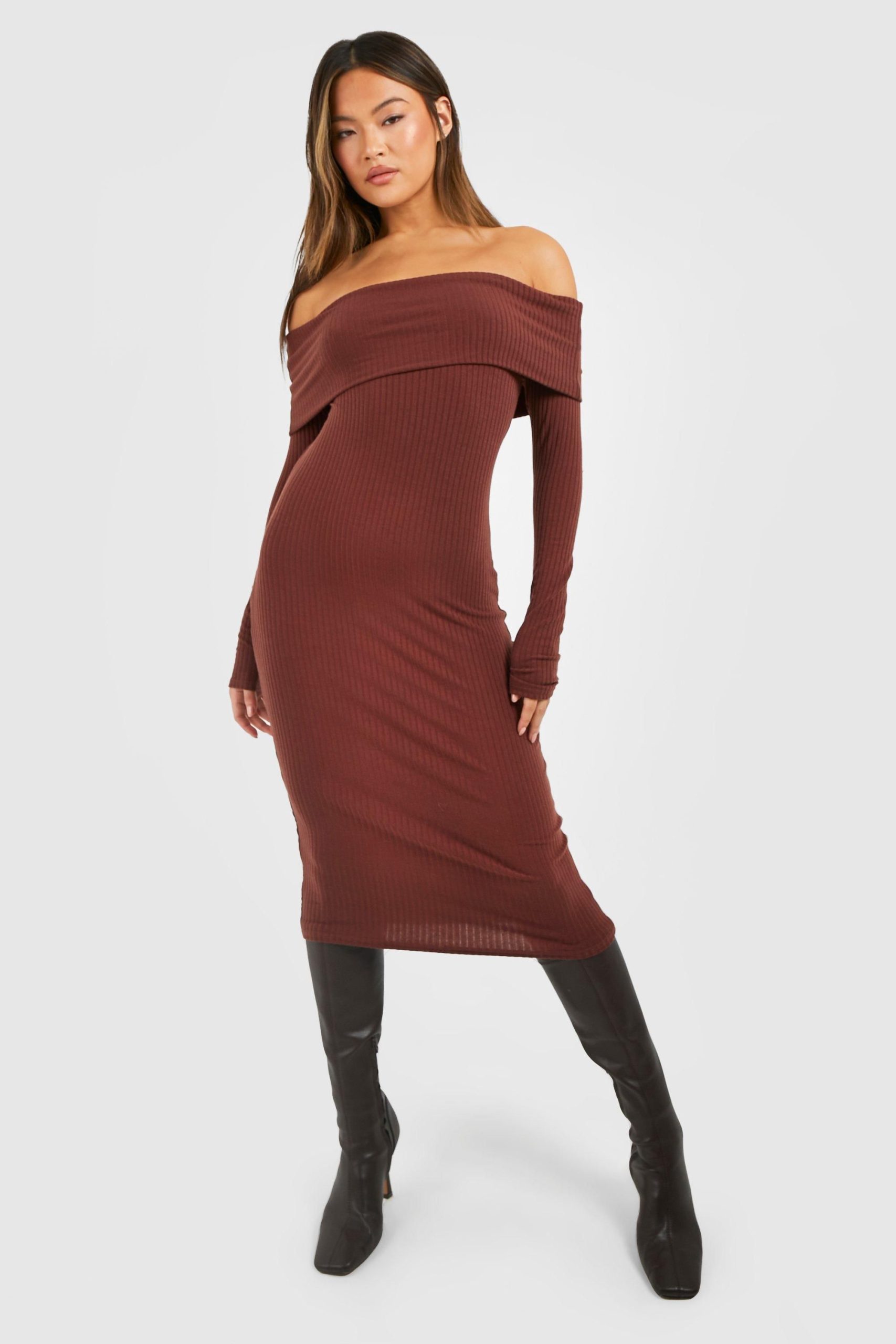 Soft Rib Bardot Long Sleeve Midi Dress