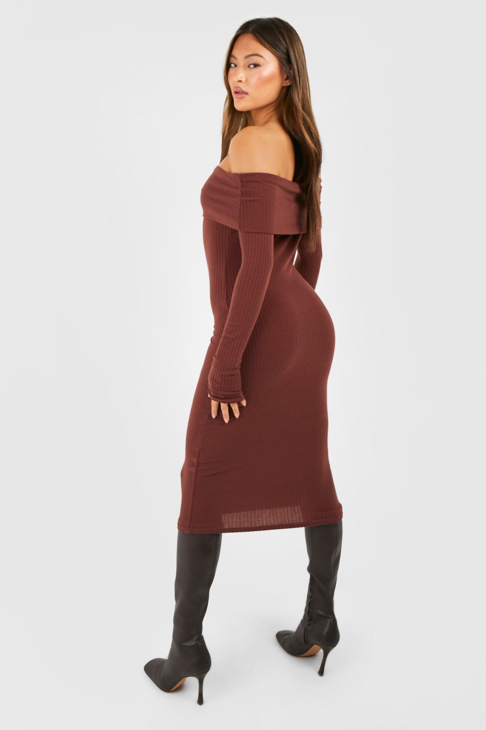 Soft Rib Bardot Long Sleeve Midi Dress - Image 2