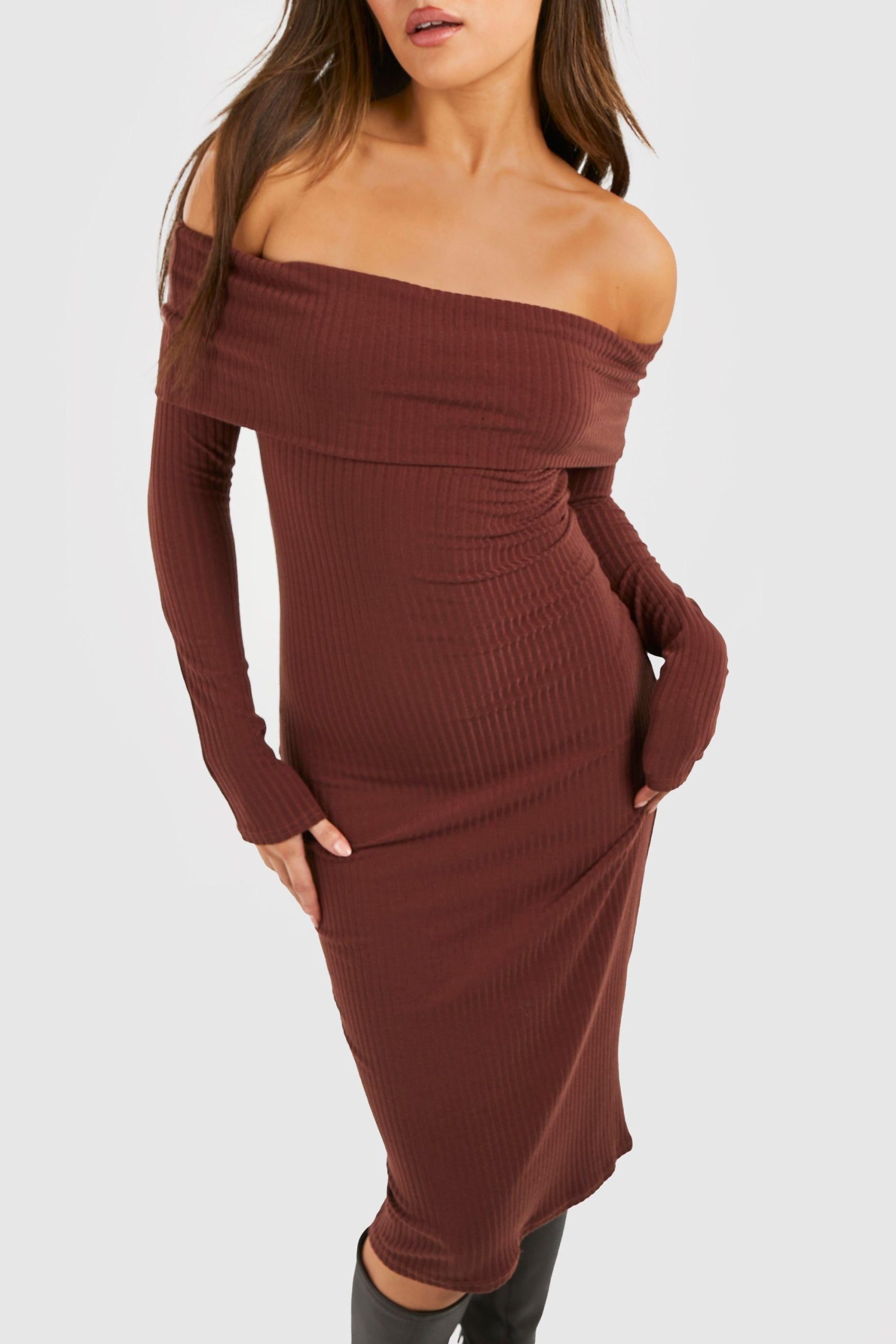 Soft Rib Bardot Long Sleeve Midi Dress - Image 4