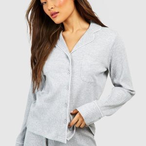 Loungewear Rib Piping Detail Long Sleeve Shirt