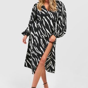 Plus Animal Print Blouson Sleeve Midi Dress