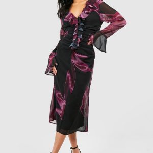 Petite Dark Floral Ruffle Ruched Woven Midaxi Dress