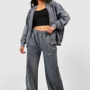 Petite Washed Zip Through Bomber Straight Leg Tracksuit