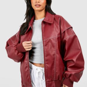 Petite Pu Contrast Stitch Oversized Bomber Jacket