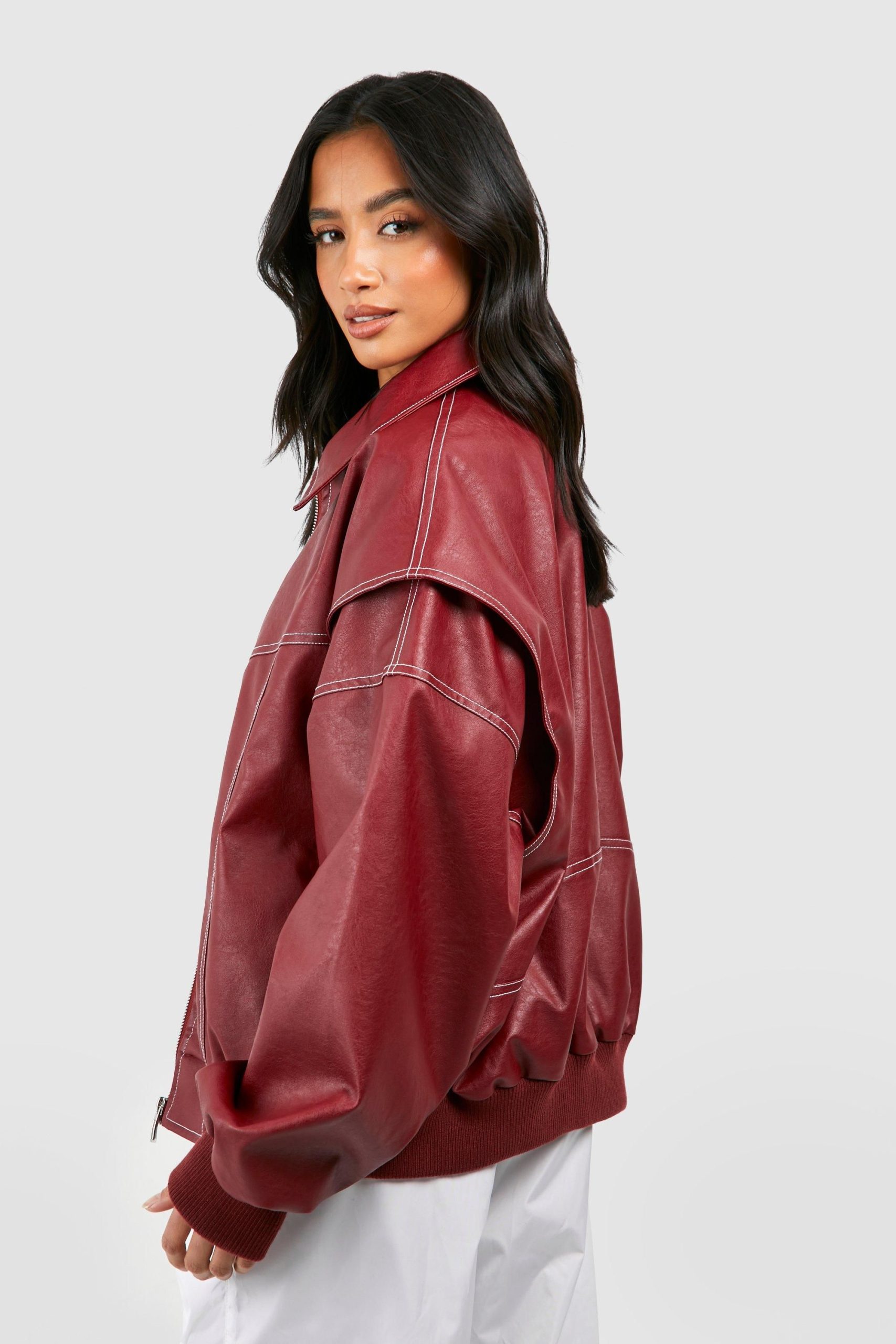 Petite Pu Contrast Stitch Oversized Bomber Jacket - Image 2