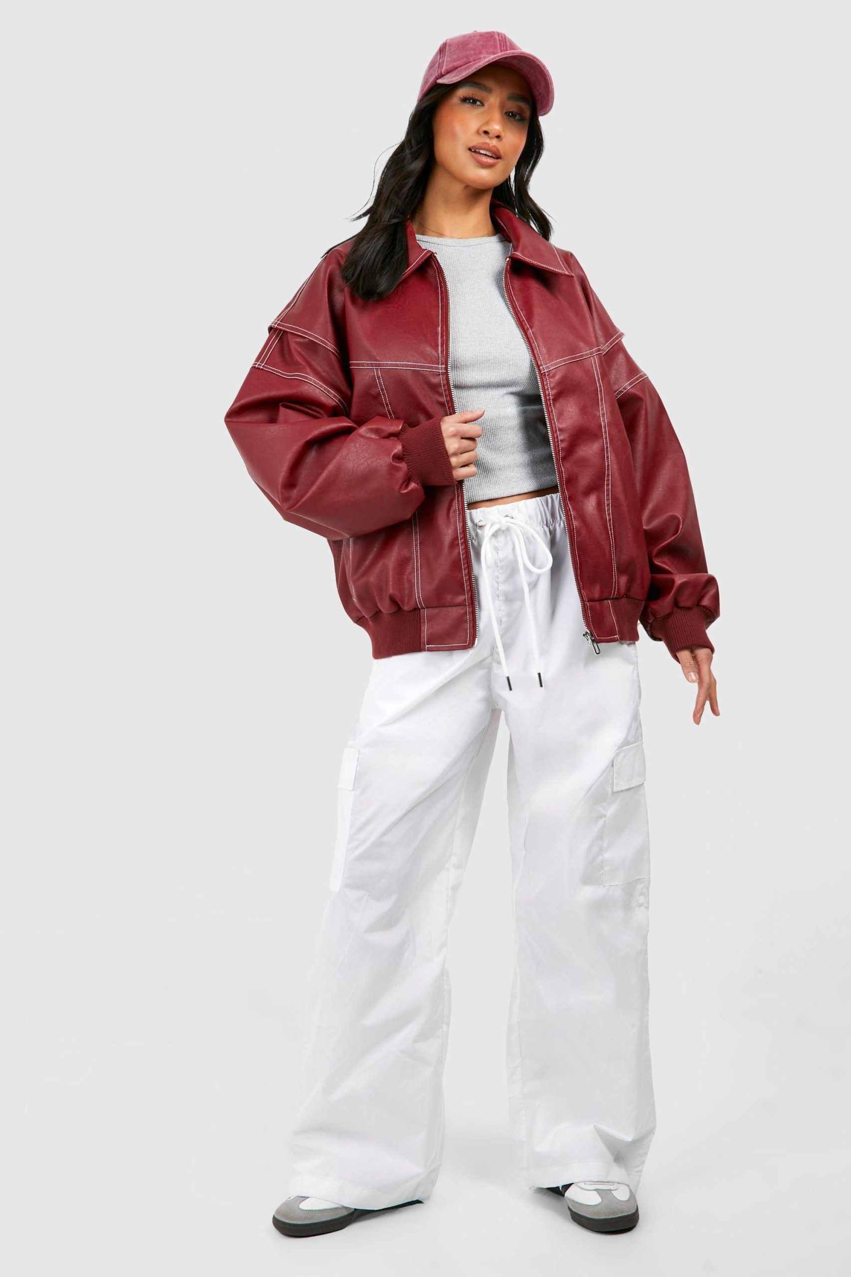 Petite Pu Contrast Stitch Oversized Bomber Jacket - Image 3