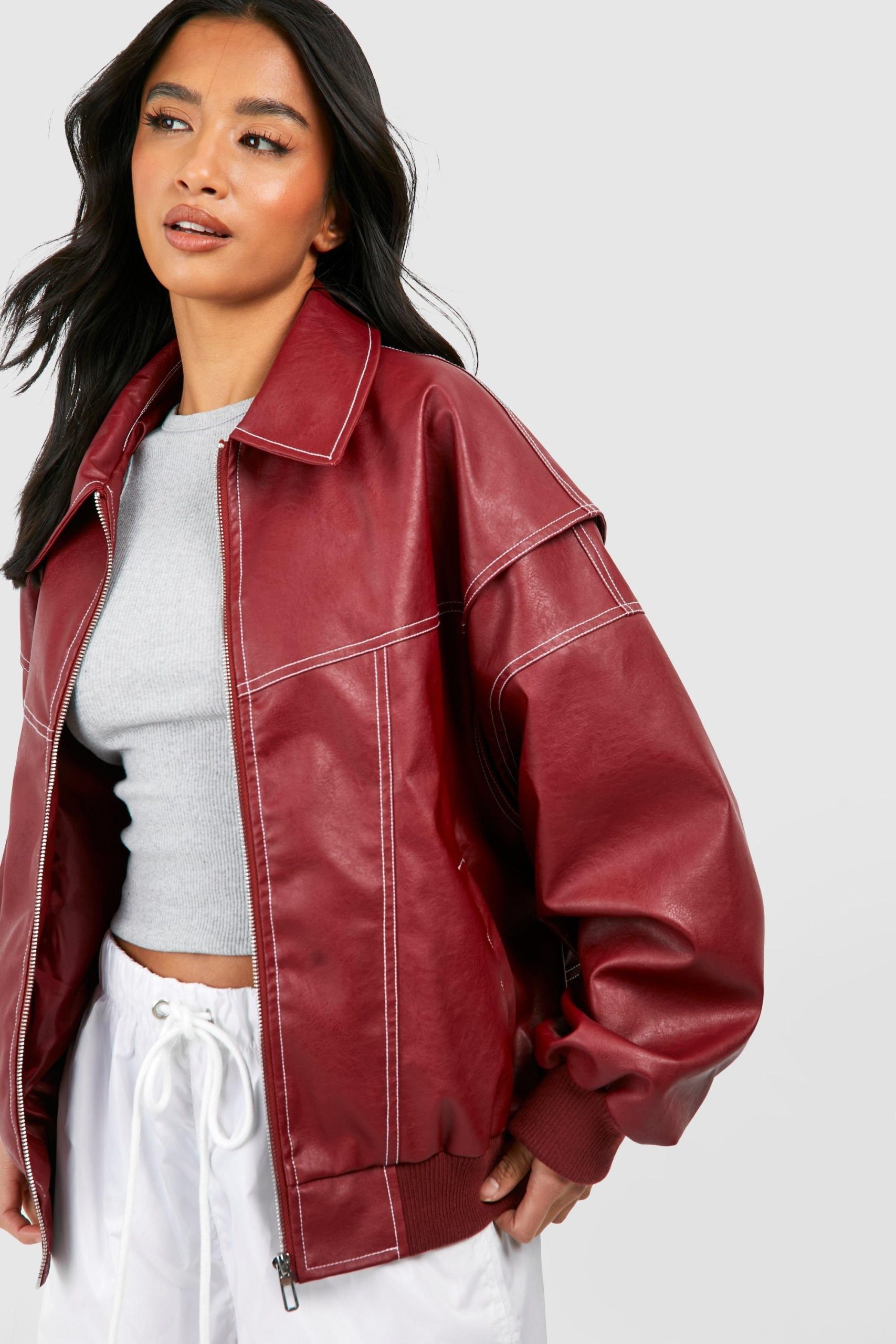 Petite Pu Contrast Stitch Oversized Bomber Jacket - Image 4